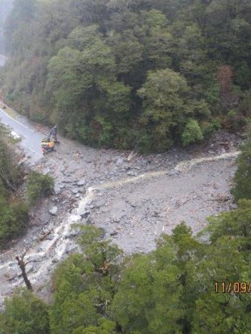 The slip south of Diana Falls which has closed State Highway 6 between Haast and Makarora. Photo...
