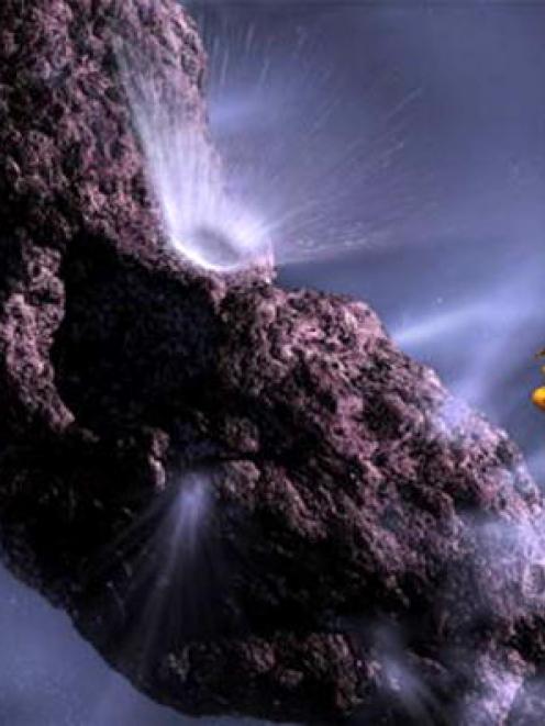 This artist's impression shows the Deep Impact spacecraft as it fires an impactor into comet...