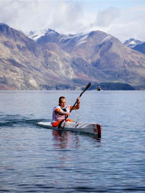 Three-time Peak to Peak winner Dougal Allan takes charge on the kayak leg of Queenstown's R & R...