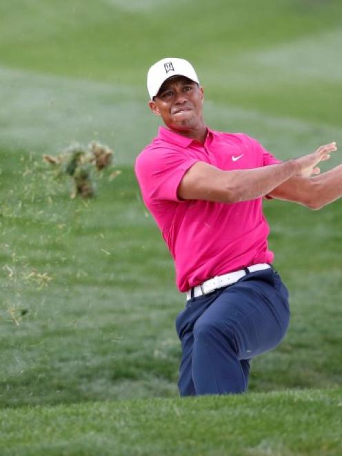 Tiger Woods blasts out of a fairway bunker on the 9th hole during the first round. Photo: Rob...