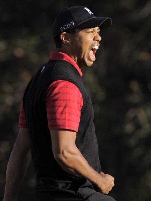 Tiger Woods celebrates winning the Chevron World Challenge golf tournament at Sherwood Country...