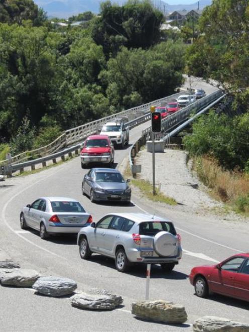 Traffic queues at the single-lane Kawarau Falls Bridge, which is to be replaced. Photo by James...