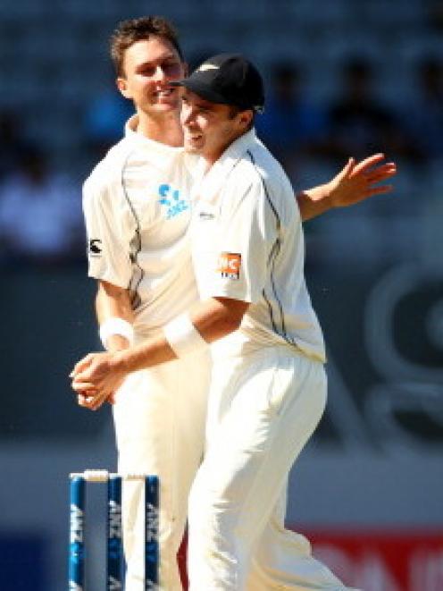 Trent Boult (L) and Tim Southee both feature in the ICC's top 10 bowling list. Photo Getty