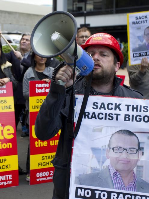 Unite leader Joe Carolan leads the Unite protest outside TVNZ in Auckland against presenter Paul...