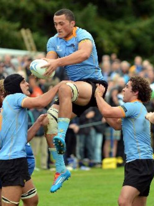 University A forward Sione Teu claims lineout ball during the game against Taieri at Peter...