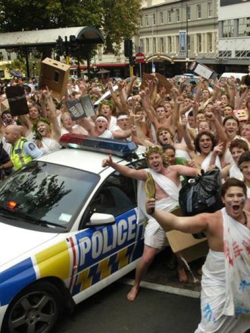 University of Otago first-year students gather in the Octagon in Dunedin last night during the...