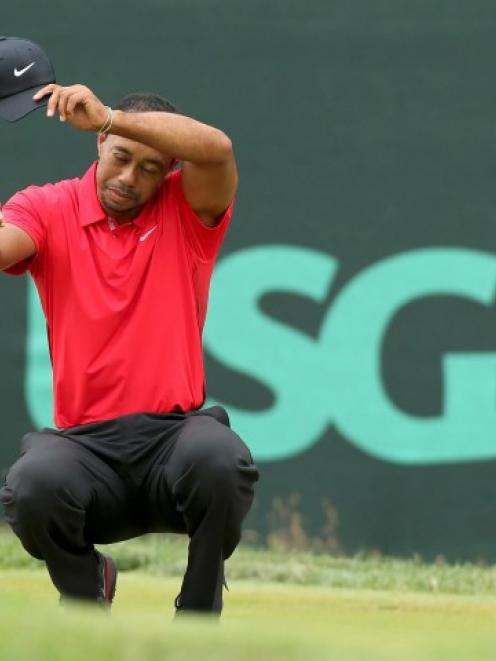 US golfer Tiger Woods wipes his face while on the second green during the final round of the 2013...