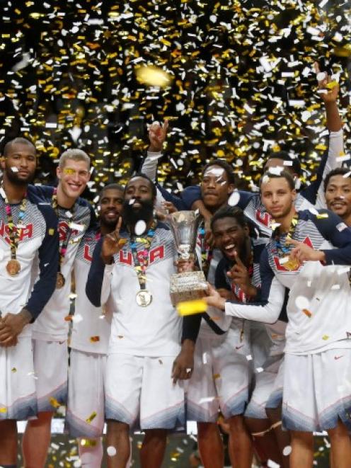 US players celebrate their victory over Serbia after their Basketball World Cup final game in...
