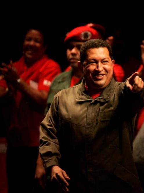 Venezuela's President Hugo Chavez at a rally with members of the Socialist United Party of...