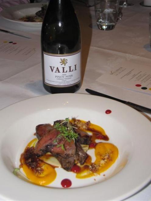 Venison loin with mushroom and bacon ravioli, carrot, cress and plum, matched with the 2006 Valli...