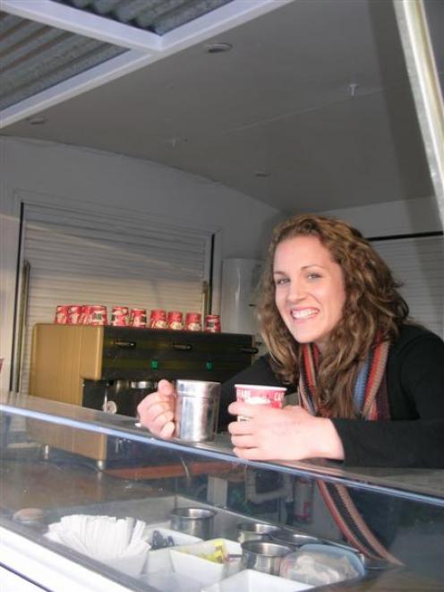 Enterprising school pupil Zoe Kefala in her 63Bean coffee cart. Photo by Marjorie Cook.