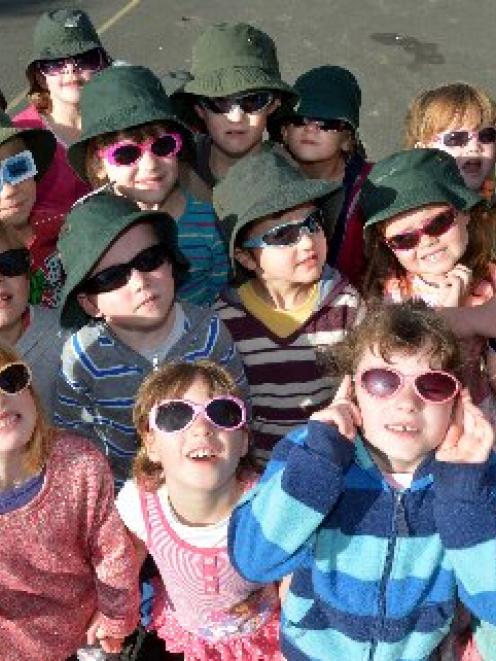 Wakari School junior pupils wear their sunglasses yesterday. Photo by Gerard O'Brien.