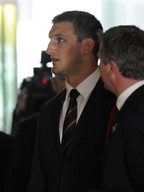 Wales captain Sam Warburton, centre, prepares to face a red card hearing in Auckland after being...
