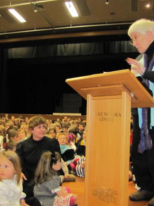 Wanaka Primary School founding principal Moira Fleming, now retired, engages with pupils at...