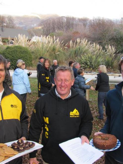 Wanaka rowers (from left)  Elliott Meldrum,  coach Dave Varney and Eachann Bruce   serve up...