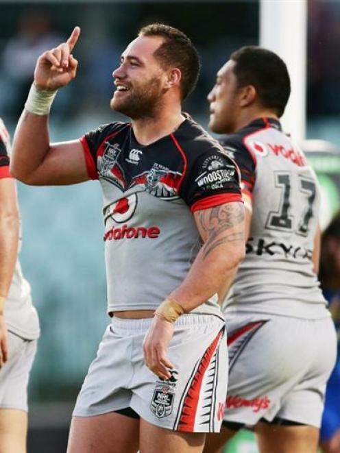 Warriors second rower Bodene Thompson celebrates earlier in the year in a game against the...