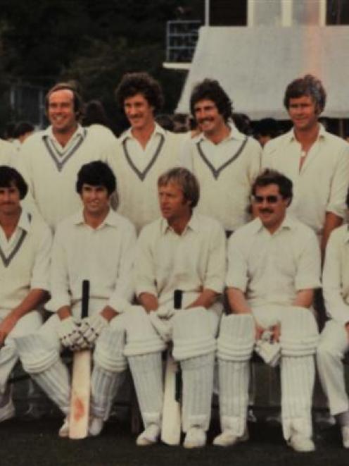 Warwick Larkins (bottom row, second from right), former New Zealand cricket scorer, who played...