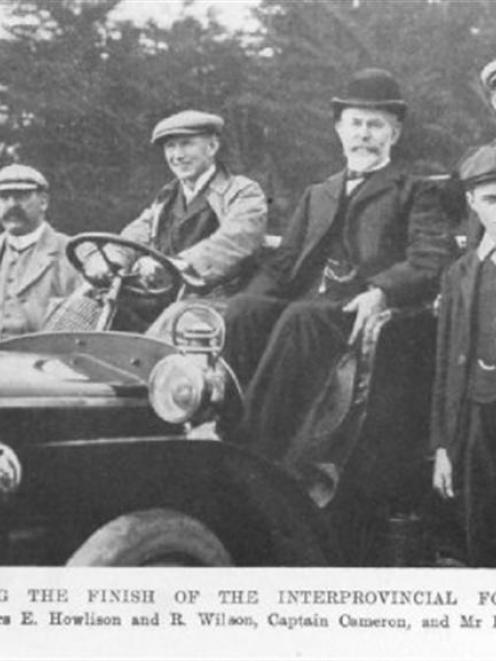 Watching the finish of the inter-provincial rowing fours at Lake Waihola, from left: Messrs E....