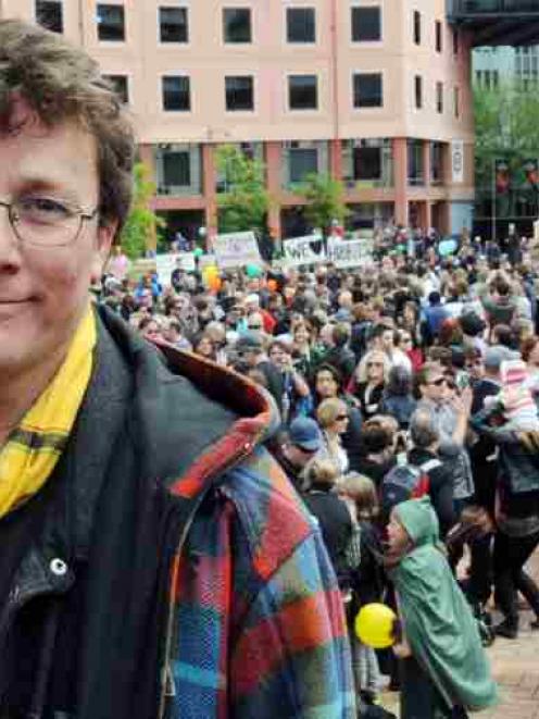 Weta Workshops boss Sir Richard Taylor in front of the rally in Civic Square in support of making...