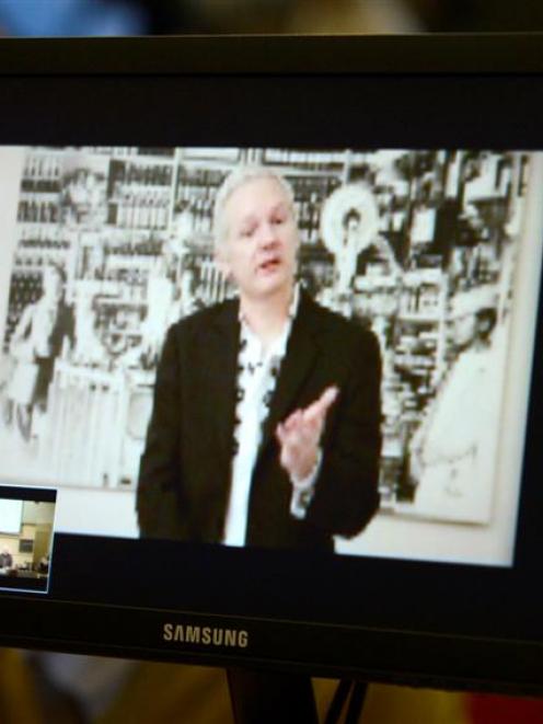 WikiLeaks founder Julian Assange, speaking during a teleconference from Ecuador's embassy in...