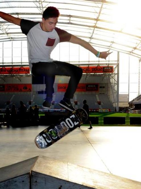 Wiremu Ratapu (15), of Dunedin, skates at the Youth Week Skate Jam at Forsyth Barr Stadium on...