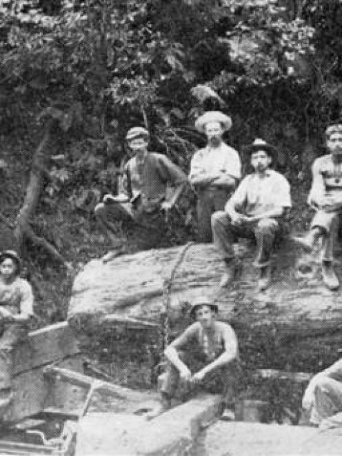 Workers in the bush: a group at a loading bank in the King Country. - <i>Otago Witness</i>, 19.7...