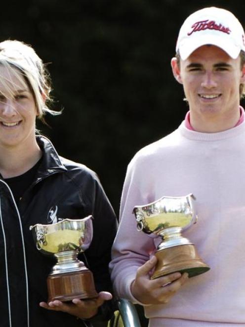 Zoe-Beth Brake (Bay of Plenty) and Owen Burgess (Canterbury) with the trophies they won at the...
