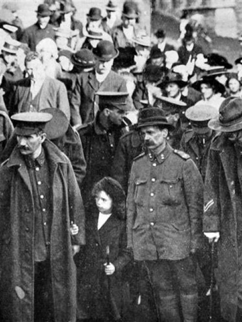 Returned soldiers from the Hospital ship Maheno. at the Port Chalmers rotunda, where they were...