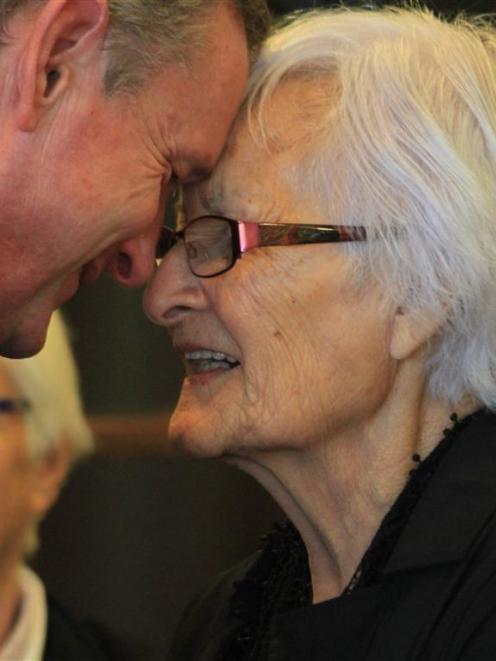 Waitaki Mayor Gary Kircher greets Waitaha Trust chairwoman Anne Te Maiharoa-Dodds at the signing...