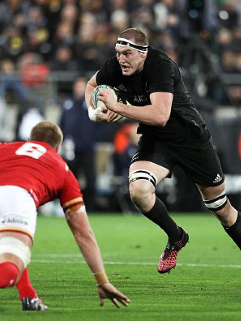 Brodie Retallick on the charge for the All Blacks against Wales in Wellington on Saturday night....