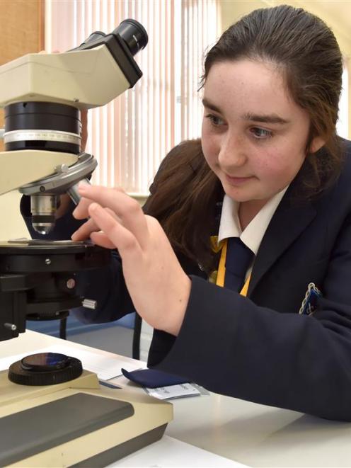 Otago Girls' High School pupil Lucy Davidson (14) adjusts a slide containing minute rock samples...