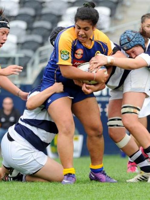 Otago Spirit first five-eighth Victoria Nafatali attacks the Auckland defence at Forsyth Barr...