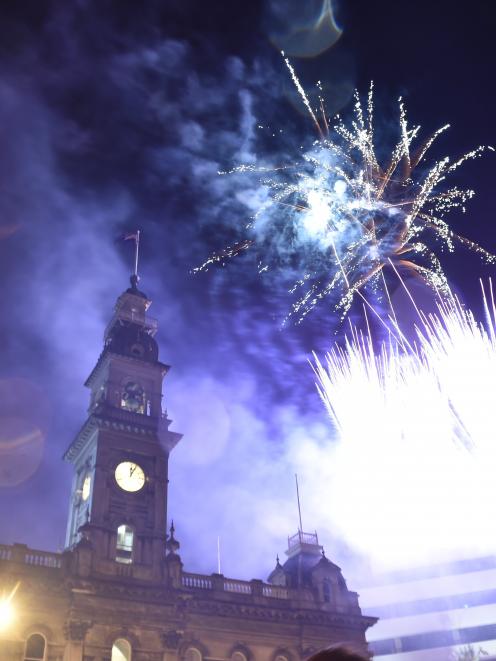 Fireworks explode above the Octagon to mark the start of 2017. Photo: Peter McIntosh.