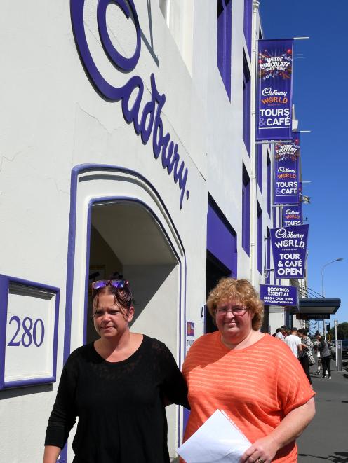 Cadbury factory machine operators Teresa Gooch (left) and Donna Bouma in Cumberland St yesterday....