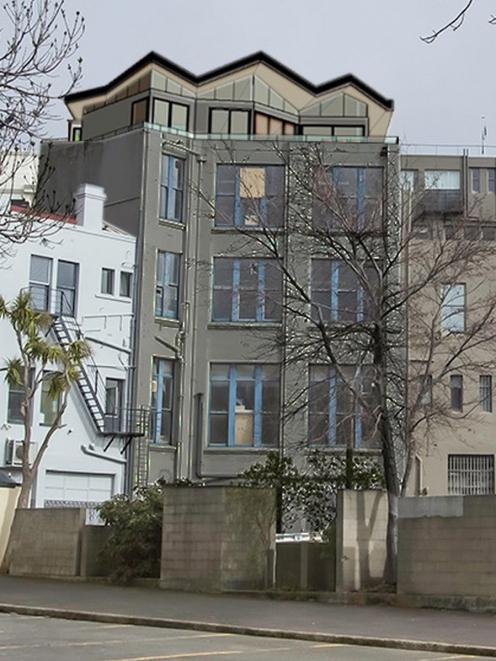 This image shows the design of a proposed ``folded-fan'' roofline, seen from a Dunedin City Council car park near Queens Gardens. Graphic from Lowrise Design Ltd.