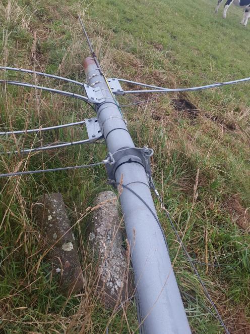 A wind farm data collection tower toppled by vandals near Blueskin Bay, had its equipment broken and guy wires severed. Photo: Supplied.