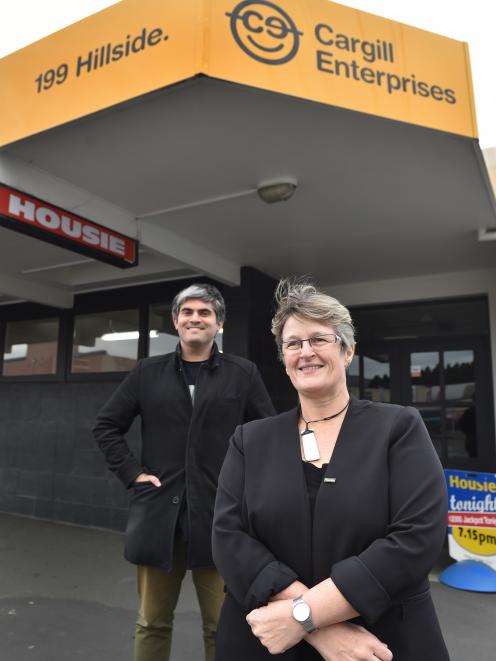 Dunedin City Council chief executive Dr Sue Bidrose and Cr Aaron Hawkins, chairman of the council's community and culture committee, stand outside the Cargill Enterprises office that will soon house a new pop-up community hub. Photo: Peter McIntosh.