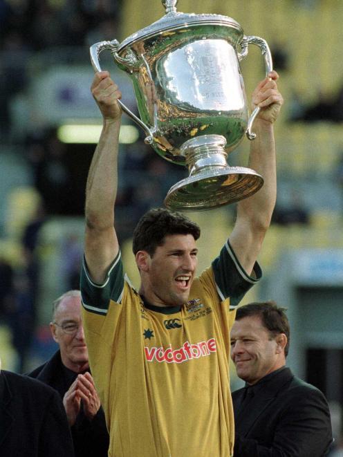 Eales lifts the Bledisloe Cup in 2000. The All Blacks have held the cup since 2003. Photo: Supplied