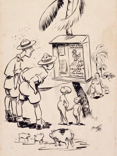 F. D. Choate’s 1943 pen-and-ink cartoon Lure of the islands satirised many people’s idea of the Pacific War. Photo: Archives NZ, AAAC 898 NCWA 280