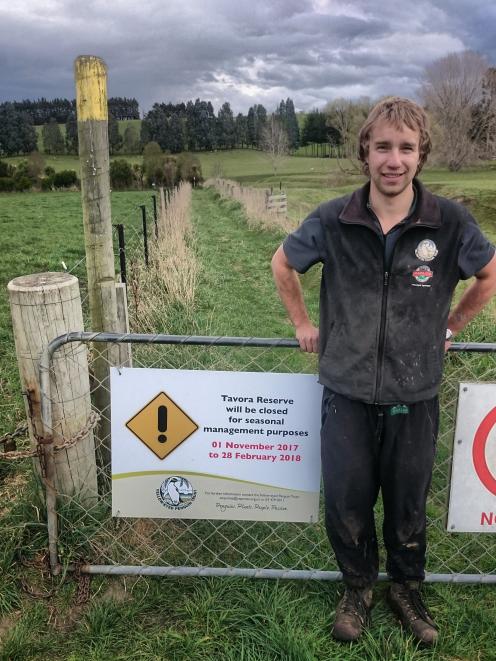 Yellow-eyed Penguin Trust ranger Ben Goldsworthy installs the first sign at Tavora Reserve, near Palmerston, advising the reserve will be closed to the public for four months this summer as yellow-eyed penguins breed in the area; the birds' numbers have i