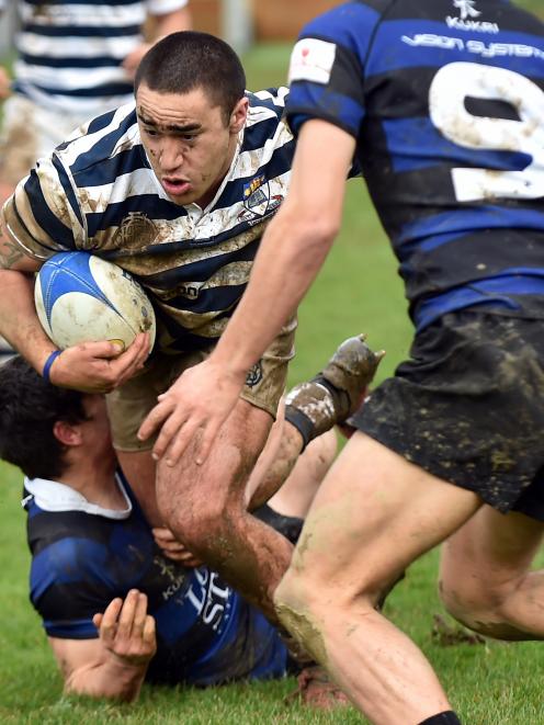 Otago Boys' High School first XV flanker Taine Te Whata on the charge against Timaru Boys' High...