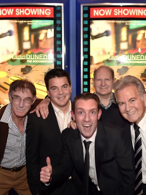 Radio Dunedin presenter Owen Rooney, Radio Dunedin: The Documentary co-producer Ryan Inglis, director Grant Findlay, station presenter Lyndsay Rackley and former presenter Neil Collins at the premier of the documentary about the station at Rialto Cinema i