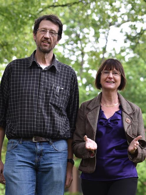 Otago University professor of applied mathematics Jorg Frauendiener (left) and OzGrav programme chief investigator Susan Scott talk collaboration in gravitational wave research at Otago University this week. Photo: Peter McIntosh 