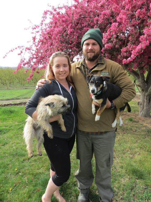 Luke Bottriell, pictured with wife Jordan and their two dogs Tazzy and Balto, was named Central Otago Apprentice of the Year in the eighth annual Central Otago Awards in Roxburgh earlier this month. Photo: Yvonne O'Hara