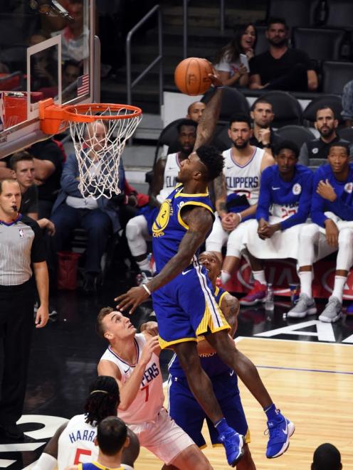 New Golden State Warrior Jordan Bell prepares to throw down a dunk against the LA Clippers...