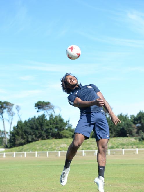 Southern United striker Omar Guardiola (23) heads the ball at Tahuna Park as he prepares for...