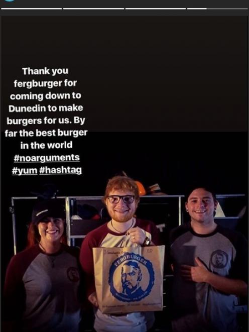 Fergburger staff members deliver the "#yum", "best burger in the world" to music star Ed Sheeran today. Photo: Instagram