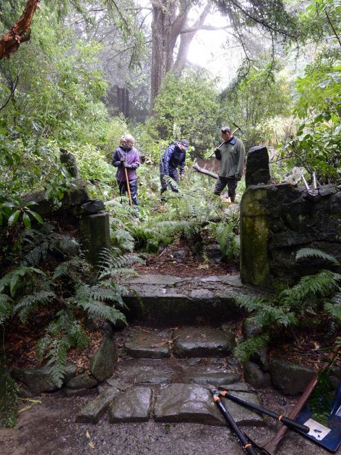 Uncovering the Larnach Castle fernery are (from left) Heritage NZ intern Janny Sjaaholl, Heritage...