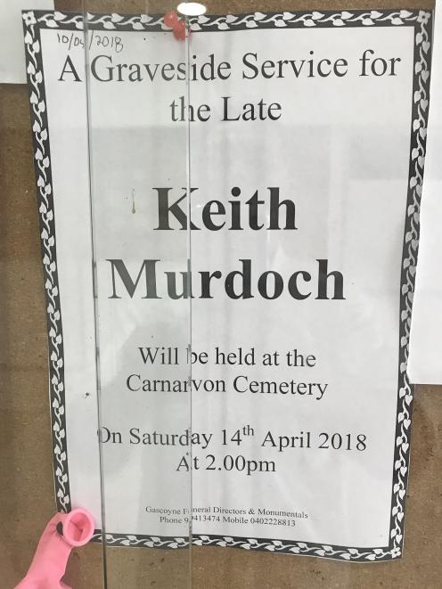 A note advising of a graveside service for Keith Murdoch. PHOTO: SUPPLIED
