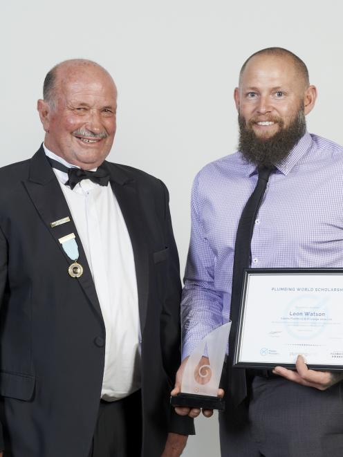 Roger Herd (left), of Fairfield, won the award for outstanding services to the industry and is the mentor of apprentice Leon Watson, of Waitati, who was awarded a Plumbing World scholarship. PHOTOS: Supplied